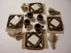 Square 12 Piece Dinner Set - White Brown Blended Rim